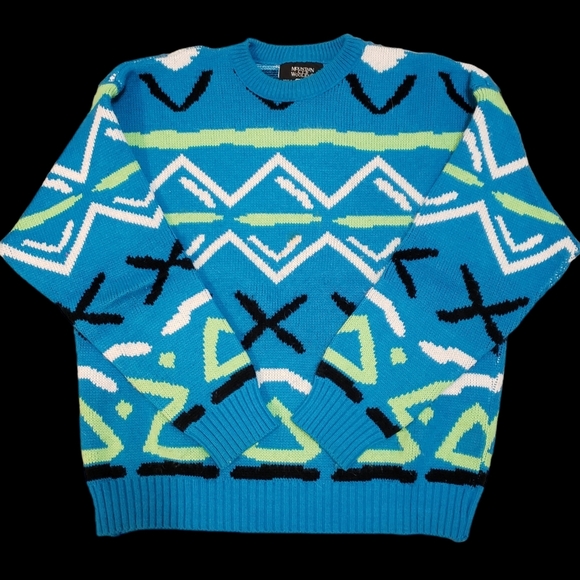 Mountain Lid Woolens Geometric Knit Sweater Mens L Pullover Crewneck Blue USA - Picture 4 of 8
